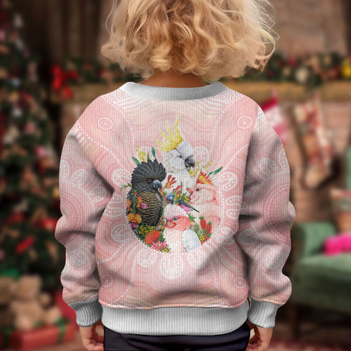 Australian Cockatoos Kid Ugly Christmas Sweater Flora Aboriginal Dot Art Pattern