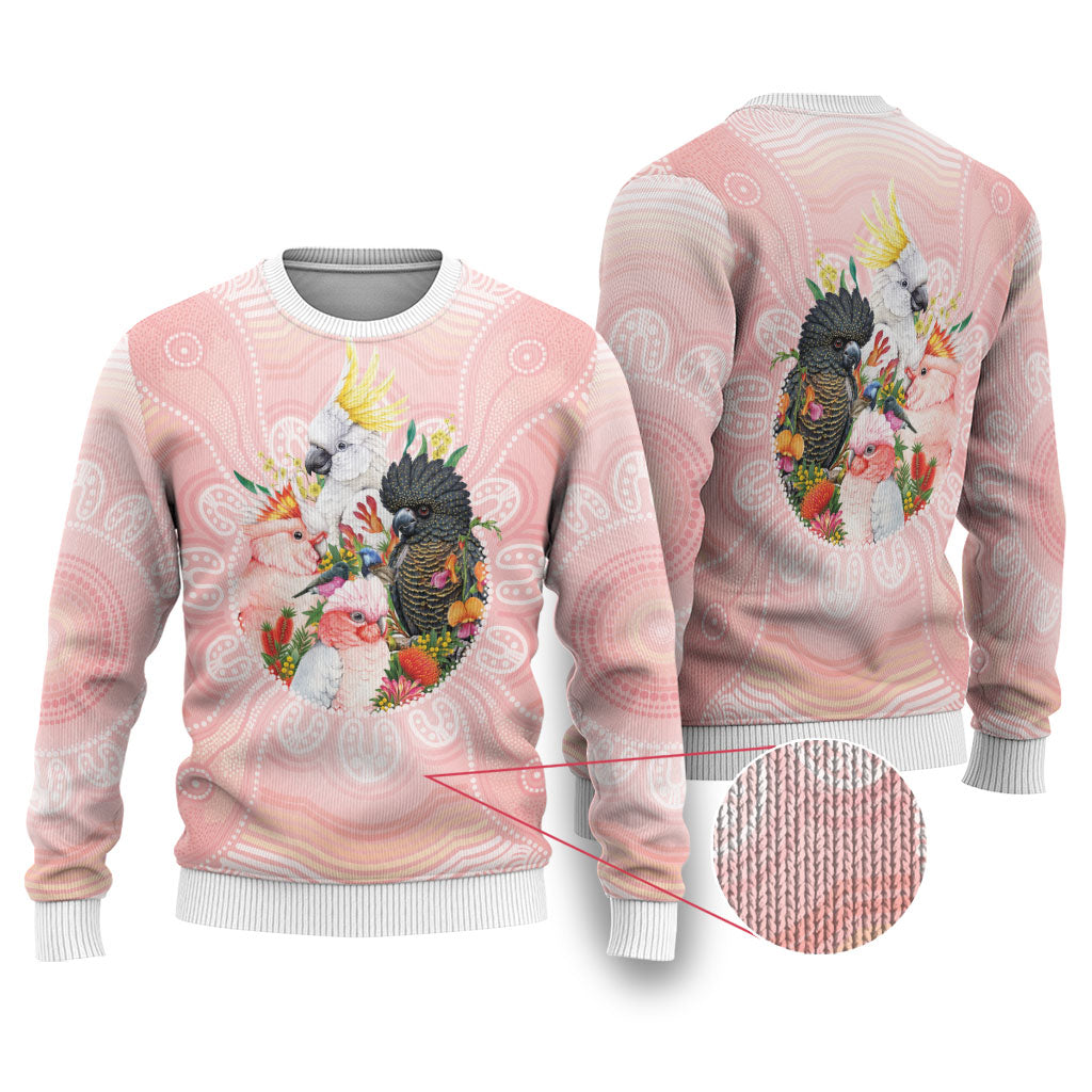 Australian Cockatoos Ugly Christmas Sweater Flora Aboriginal Dot Art Pattern