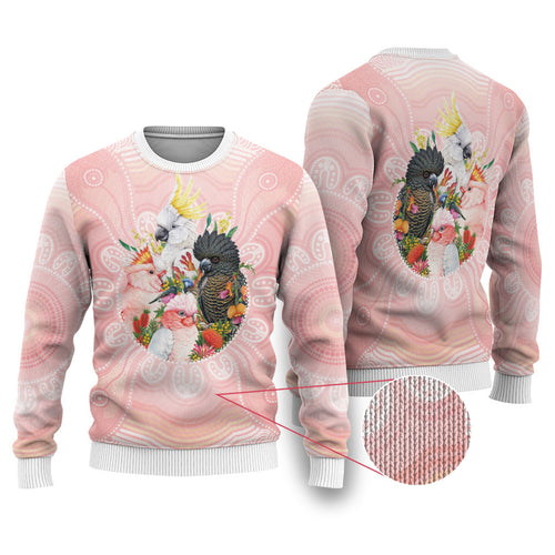Australian Cockatoos Ugly Christmas Sweater Flora Aboriginal Dot Art Pattern
