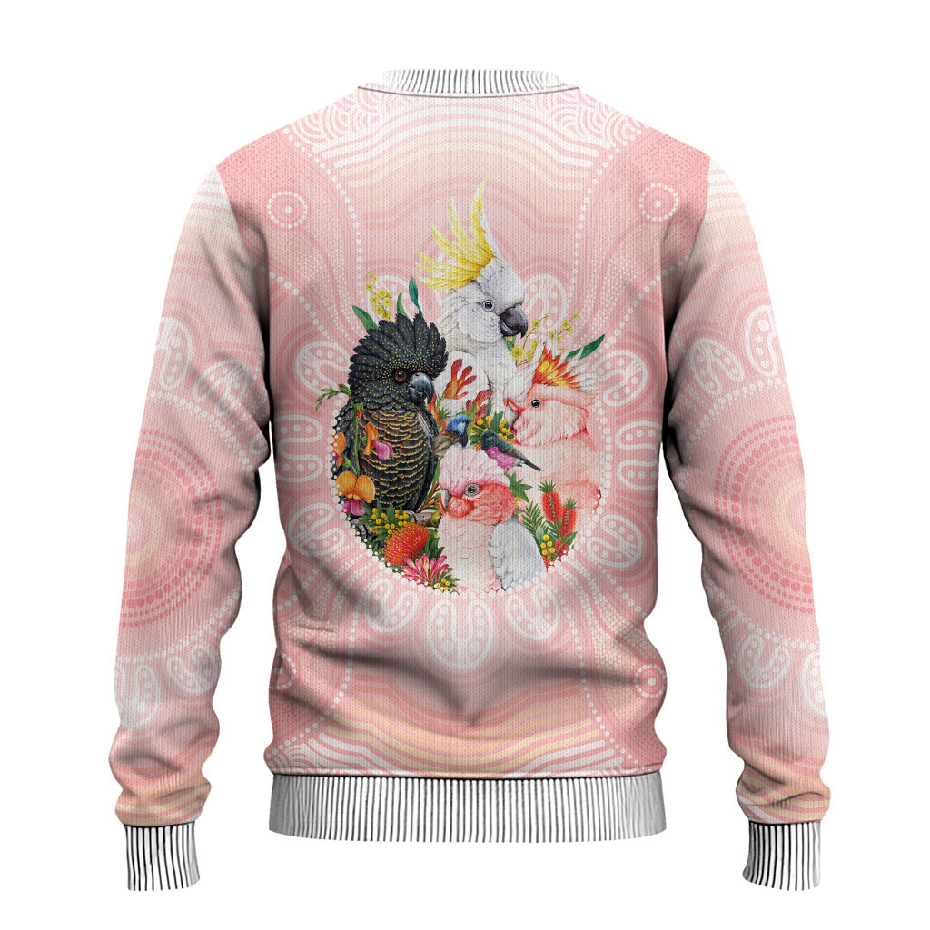Australian Cockatoos Ugly Christmas Sweater Flora Aboriginal Dot Art Pattern