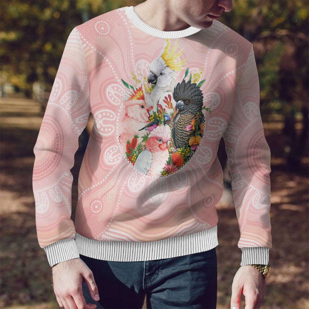 Australian Cockatoos Ugly Christmas Sweater Flora Aboriginal Dot Art Pattern