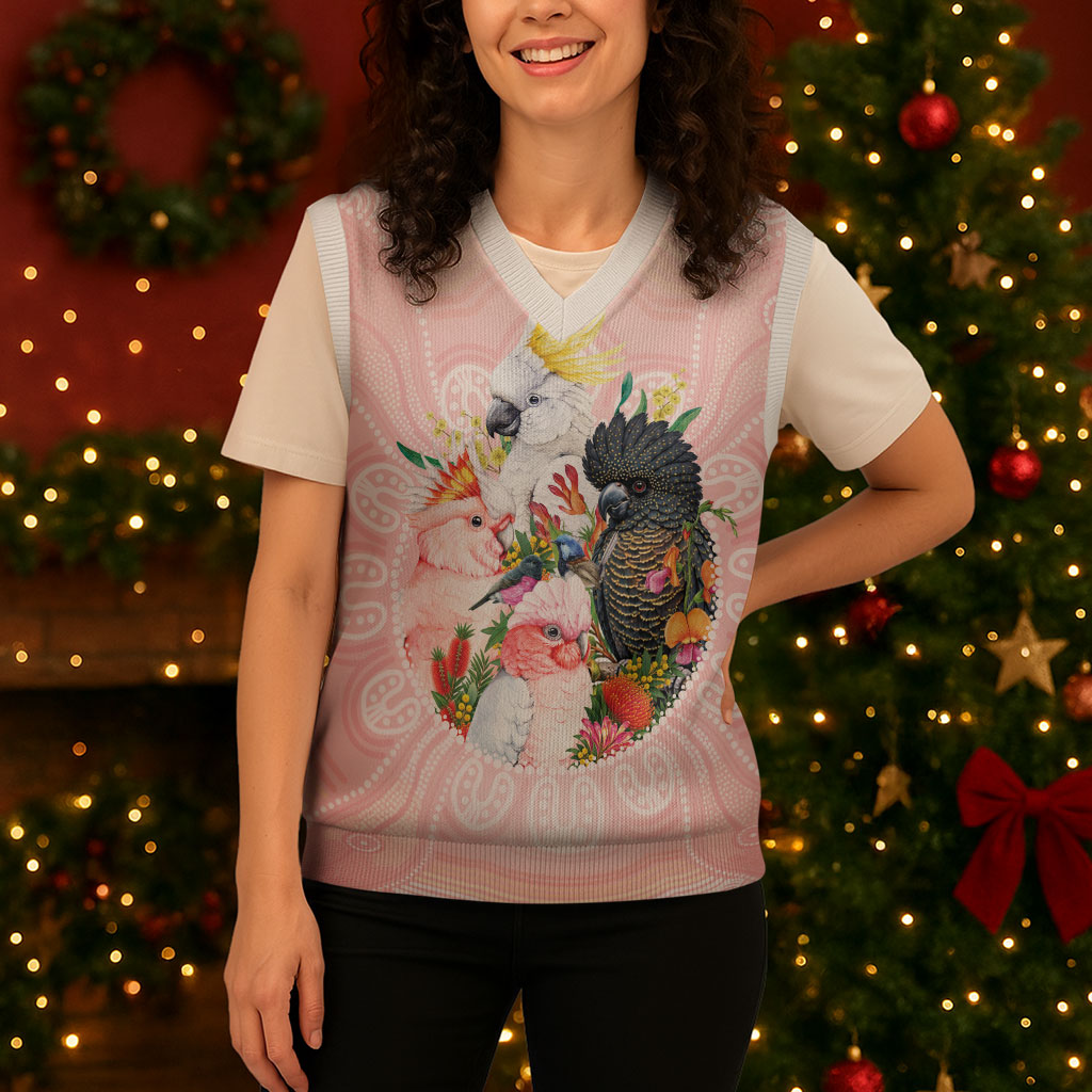 Australian Cockatoos Christmas Knitted V-Neck Vest Flora Aboriginal Dot Art Pattern