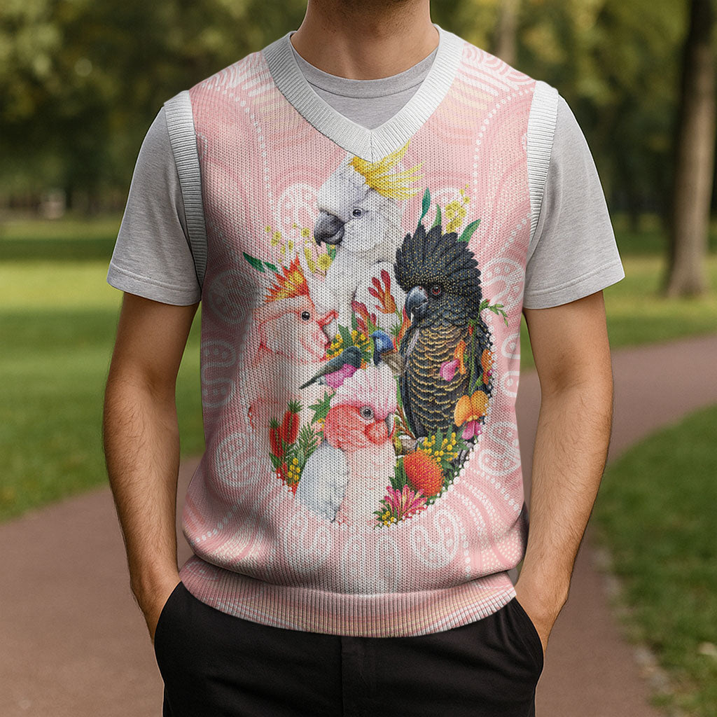 Australian Cockatoos Christmas Knitted V-Neck Vest Flora Aboriginal Dot Art Pattern