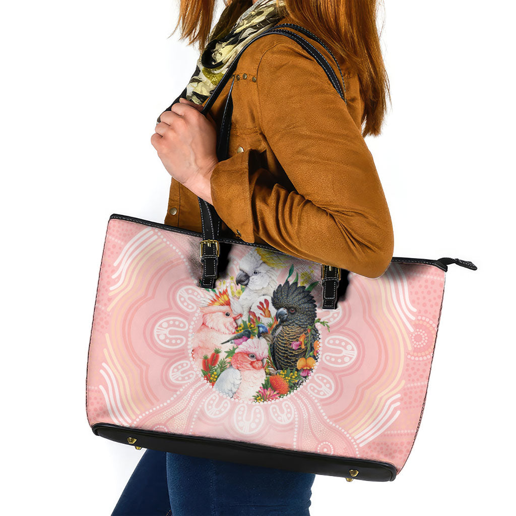Australian Cockatoos Leather Tote Bag Flora Aboriginal Dot Art Pattern