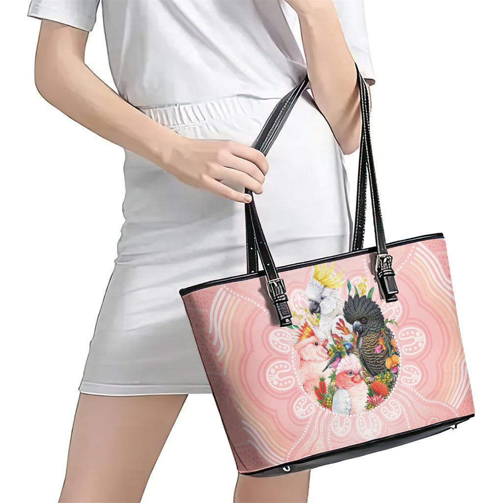 Australian Cockatoos Leather Tote Bag Flora Aboriginal Dot Art Pattern