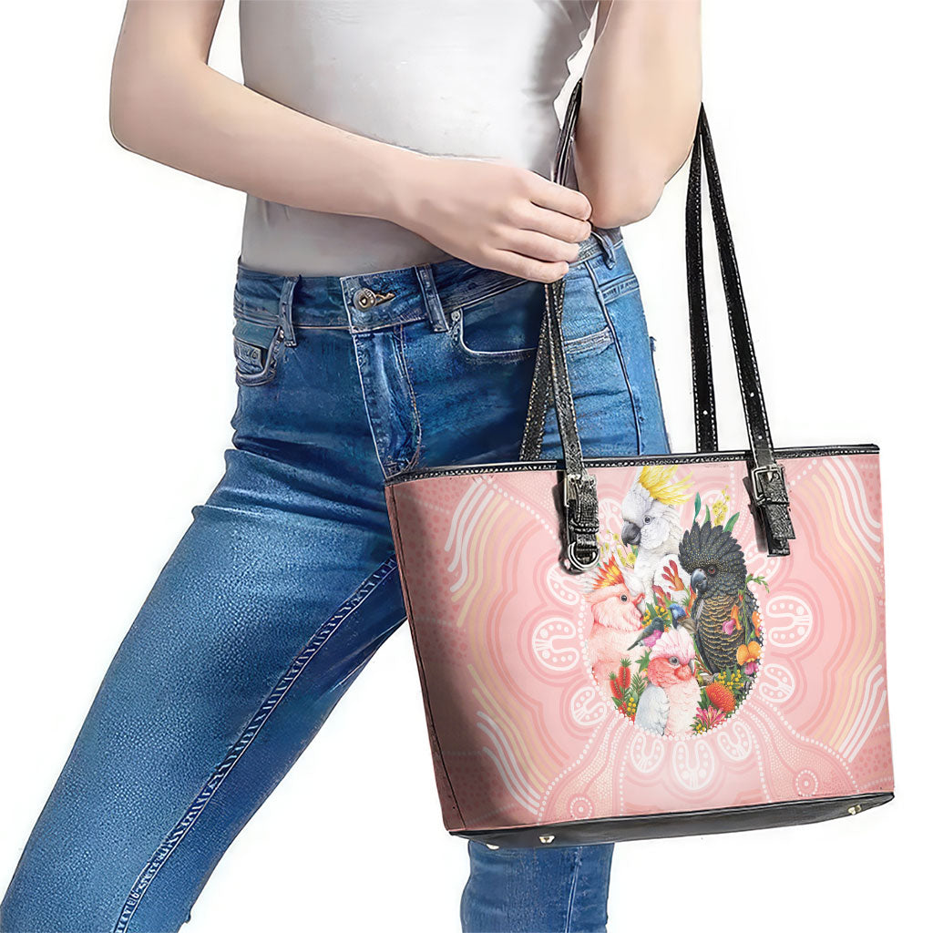 Australian Cockatoos Leather Tote Bag Flora Aboriginal Dot Art Pattern