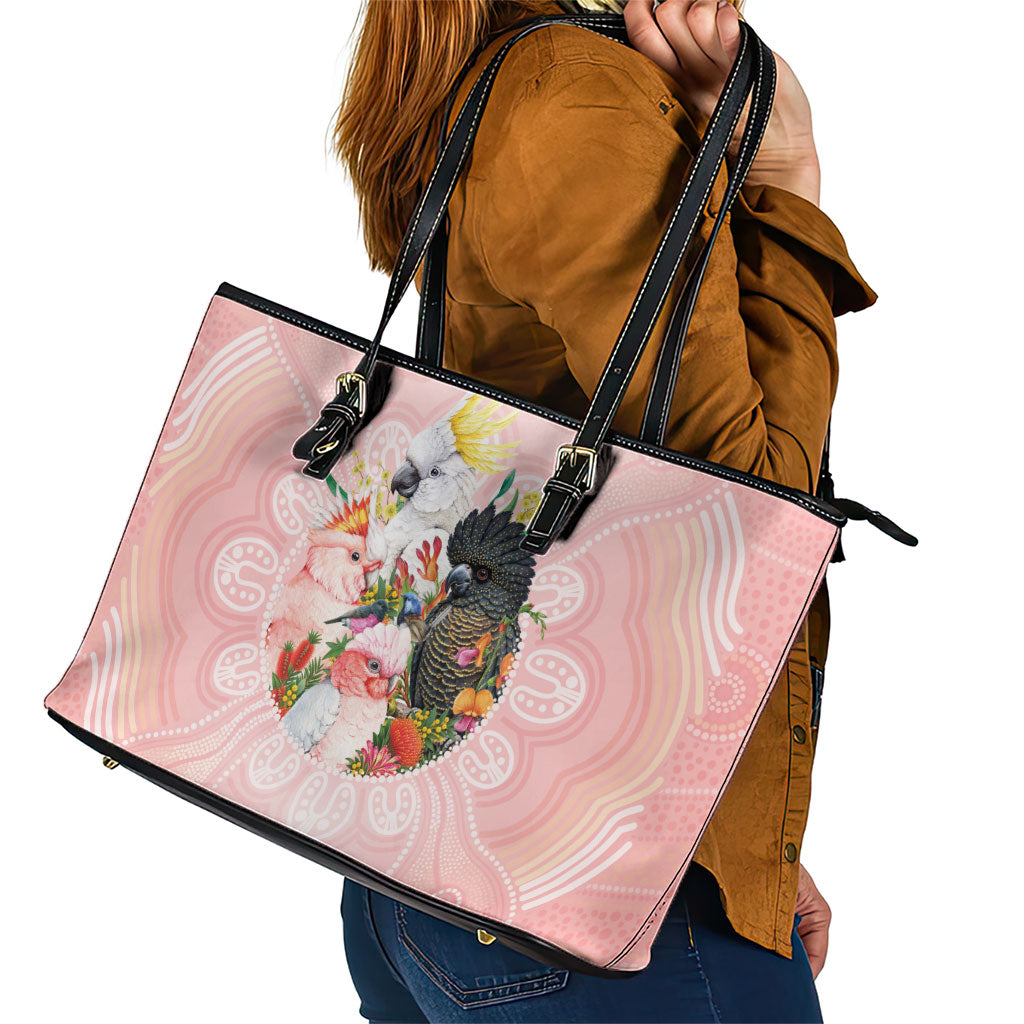 Australian Cockatoos Leather Tote Bag Flora Aboriginal Dot Art Pattern