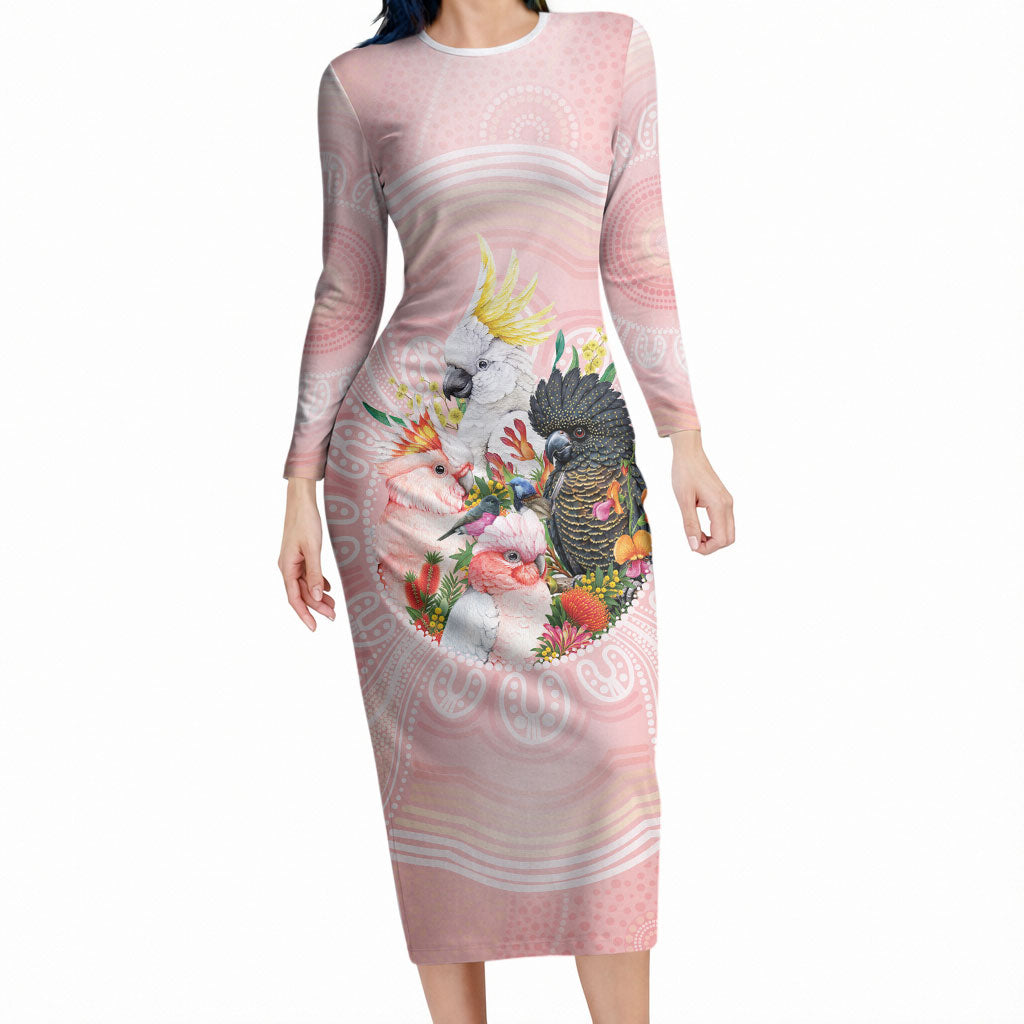 Australian Cockatoos Long Sleeve Bodycon Dress Flora Aboriginal Dot Art Pattern