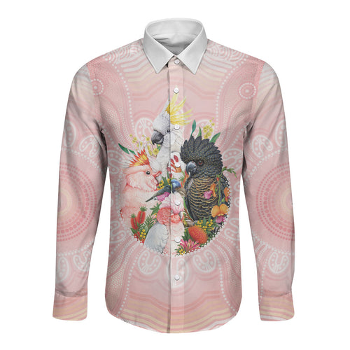Australian Cockatoos Long Sleeve Button Shirt Flora Aboriginal Dot Art Pattern