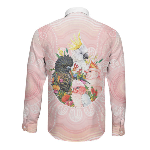 Australian Cockatoos Long Sleeve Button Shirt Flora Aboriginal Dot Art Pattern
