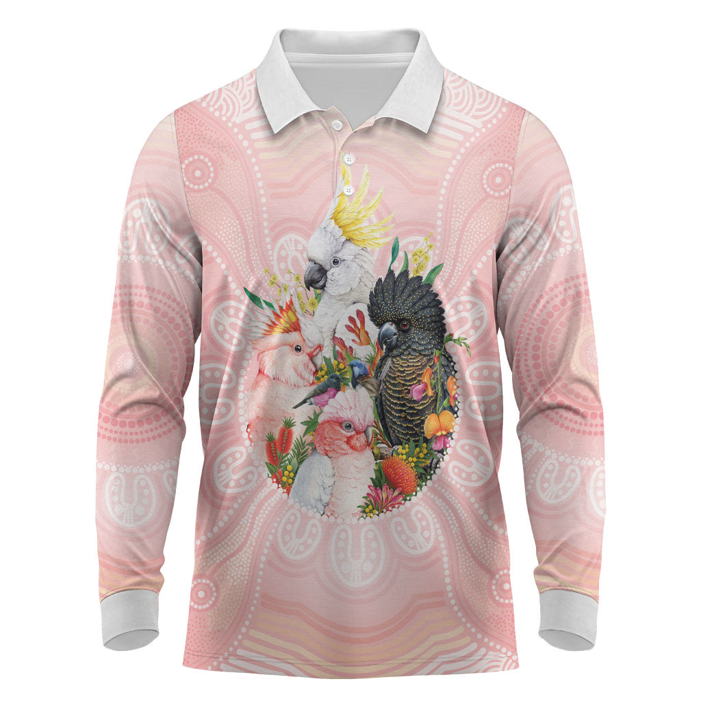 Australian Cockatoos Long Sleeve Polo Shirt Flora Aboriginal Dot Art Pattern