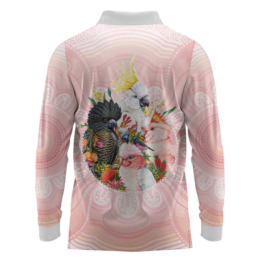 Australian Cockatoos Long Sleeve Polo Shirt Flora Aboriginal Dot Art Pattern