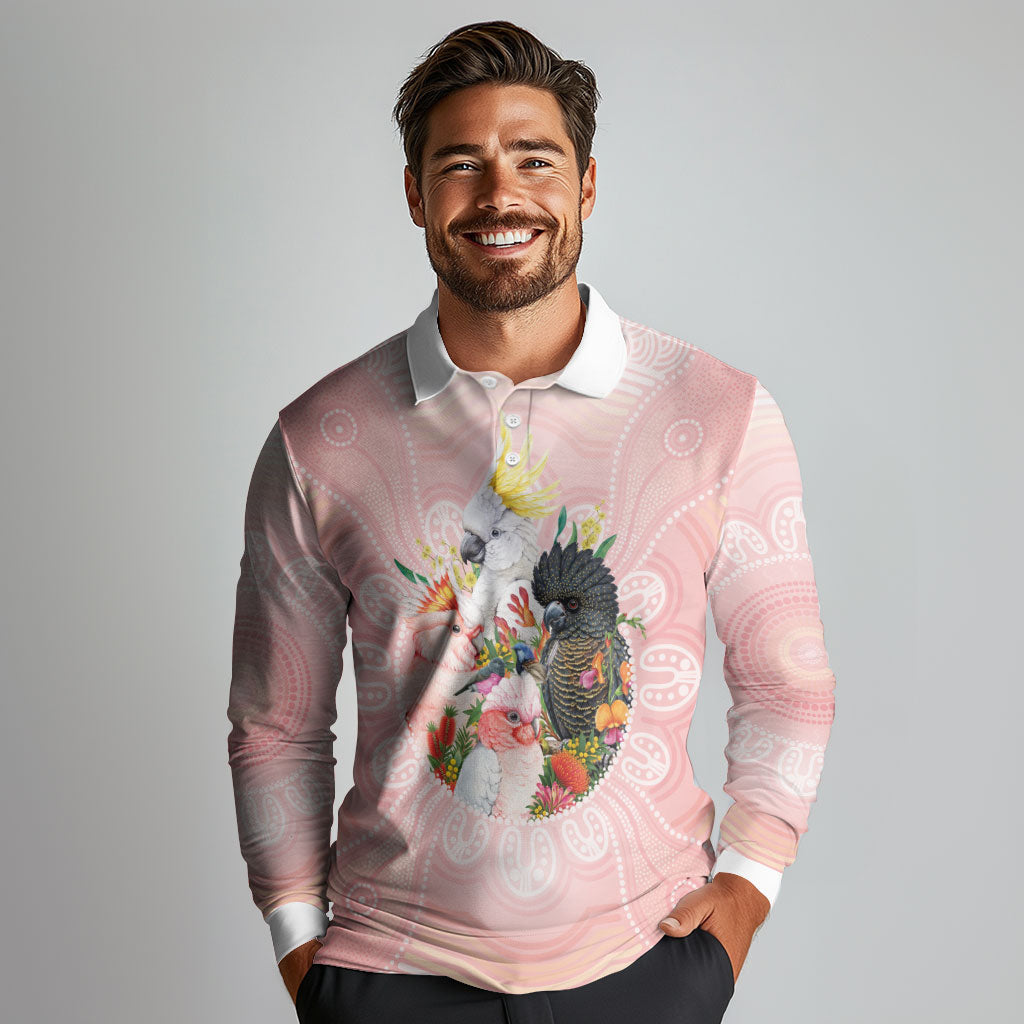 Australian Cockatoos Long Sleeve Polo Shirt Flora Aboriginal Dot Art Pattern