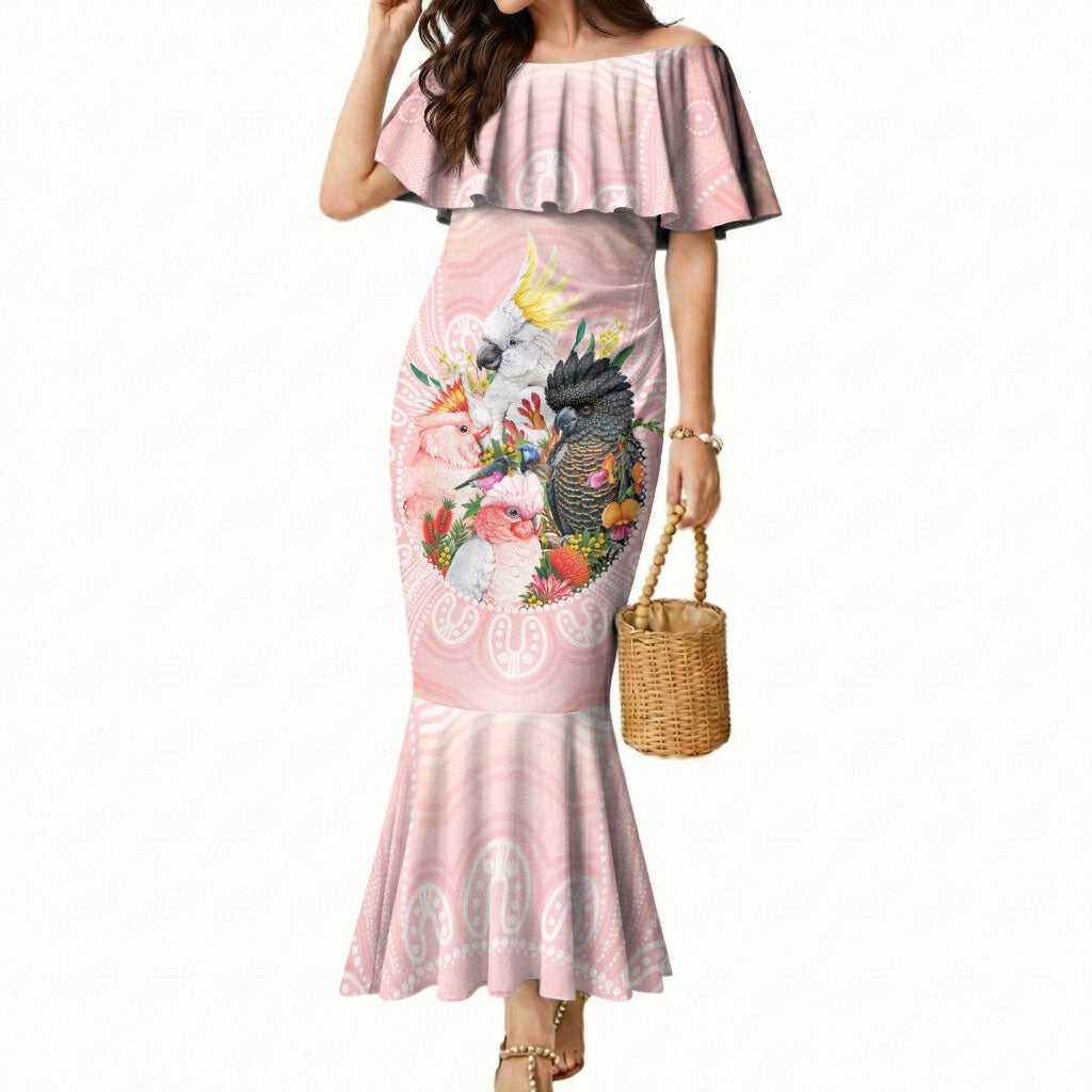 Australian Cockatoos Mermaid Dress Flora Aboriginal Dot Art Pattern