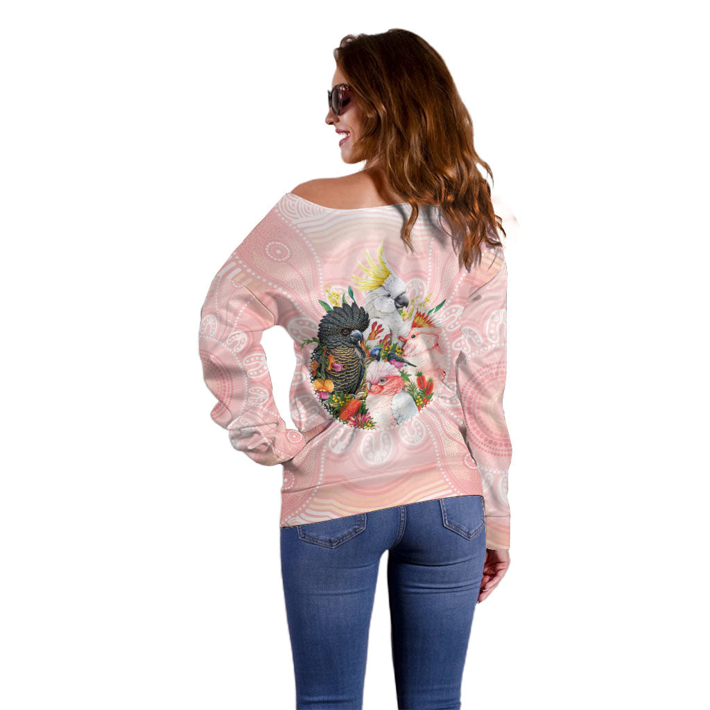 Australian Cockatoos Off Shoulder Sweater Flora Aboriginal Dot Art Pattern