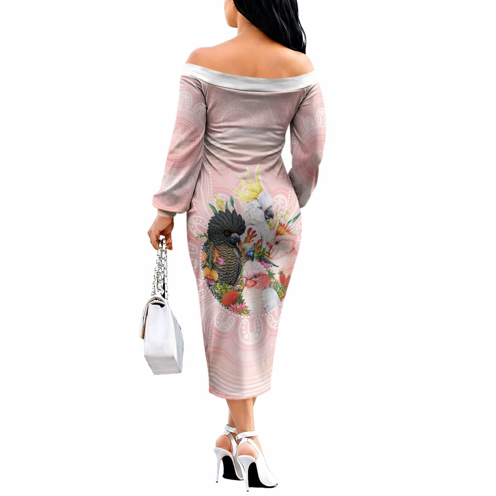 Australian Cockatoos Off The Shoulder Long Sleeve Dress Flora Aboriginal Dot Art Pattern