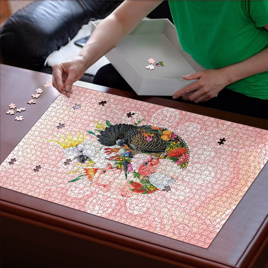 Australian Cockatoos Puzzle Flora Aboriginal Dot Art Pattern