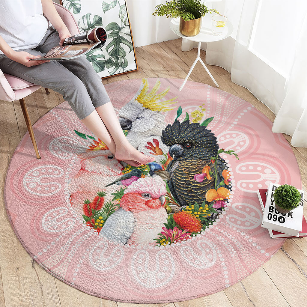 Australian Cockatoos Round Carpet Flora Aboriginal Dot Art Pattern
