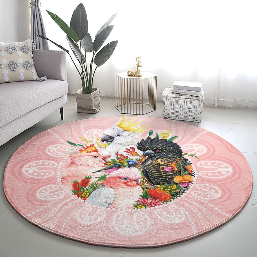 Australian Cockatoos Round Carpet Flora Aboriginal Dot Art Pattern