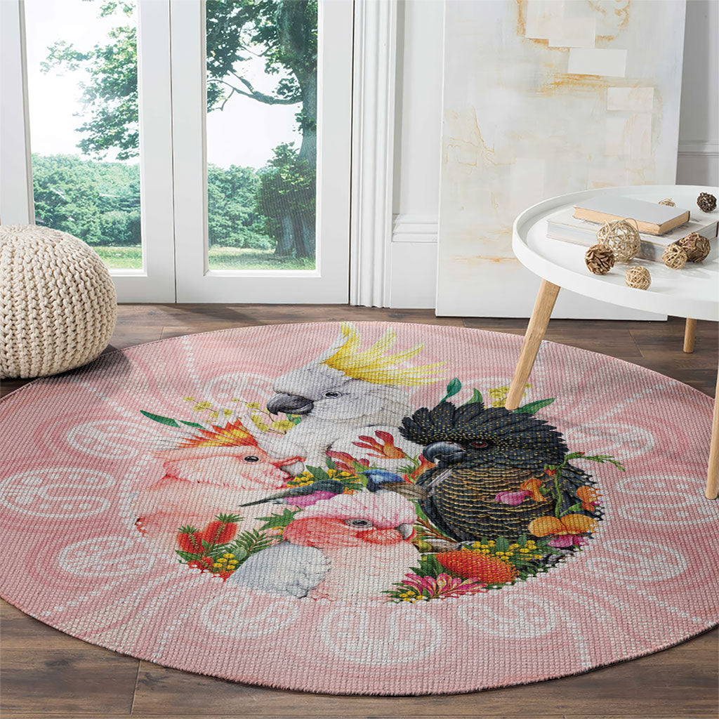 Australian Cockatoos Round Carpet Flora Aboriginal Dot Art Pattern