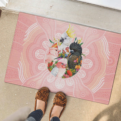 Australian Cockatoos Rubber Doormat Flora Aboriginal Dot Art Pattern