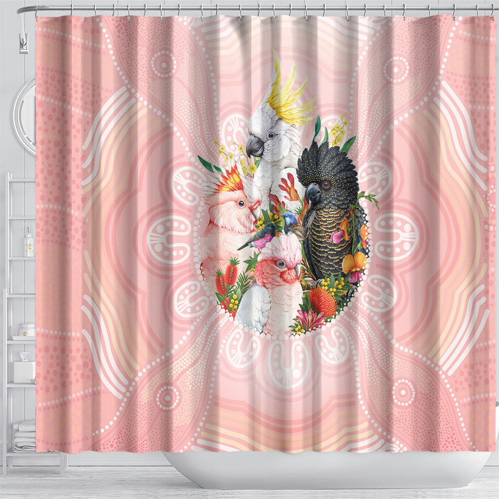 Australian Cockatoos Shower Curtain Flora Aboriginal Dot Art Pattern