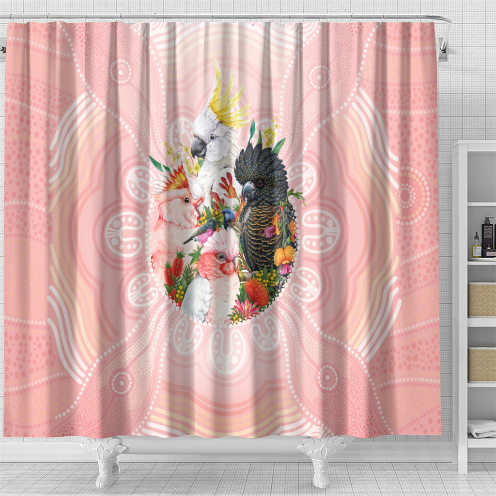 Australian Cockatoos Shower Curtain Flora Aboriginal Dot Art Pattern