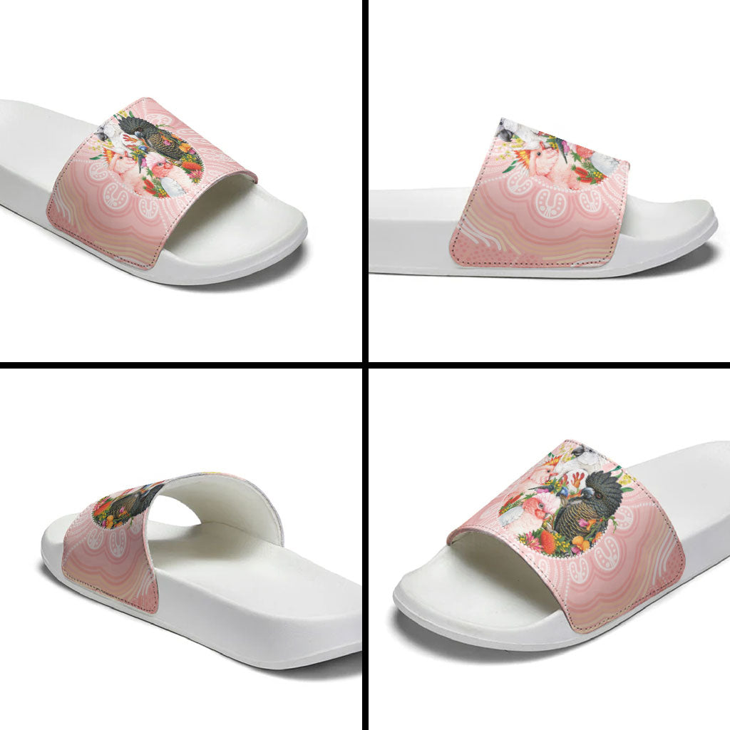 Australian Cockatoos Slide Sandals Flora Aboriginal Dot Art Pattern