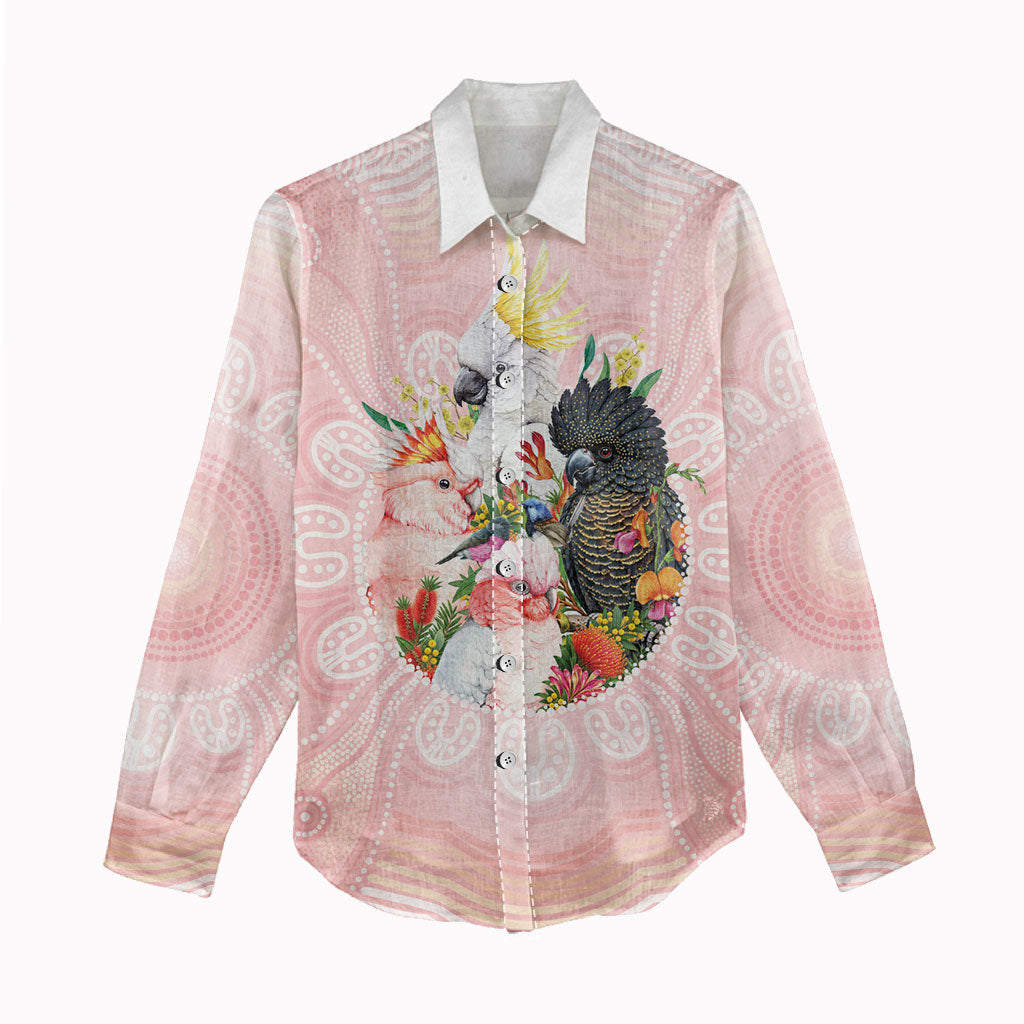 Australian Cockatoos Women Casual Shirt Flora Aboriginal Dot Art Pattern