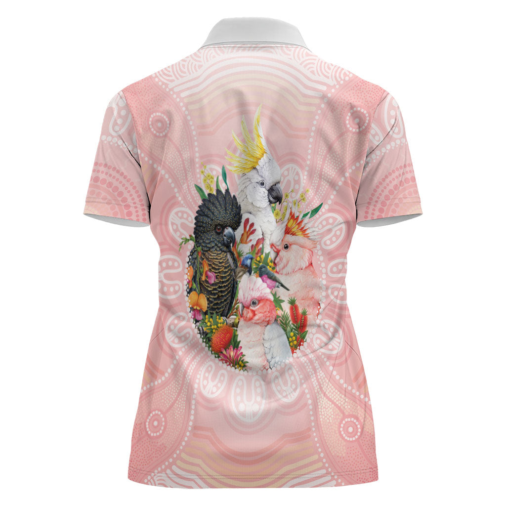 Australian Cockatoos Women Polo Shirt Flora Aboriginal Dot Art Pattern