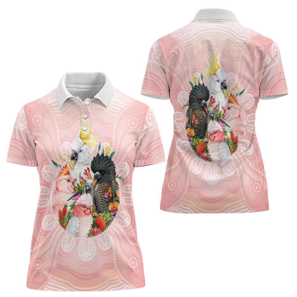 Australian Cockatoos Women Polo Shirt Flora Aboriginal Dot Art Pattern