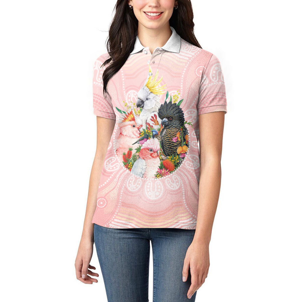 Australian Cockatoos Women Polo Shirt Flora Aboriginal Dot Art Pattern