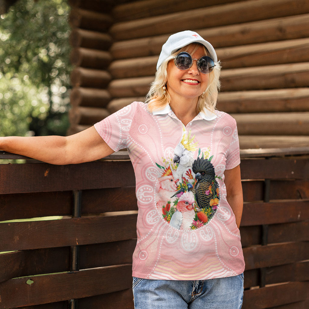 Australian Cockatoos Women Polo Shirt Flora Aboriginal Dot Art Pattern