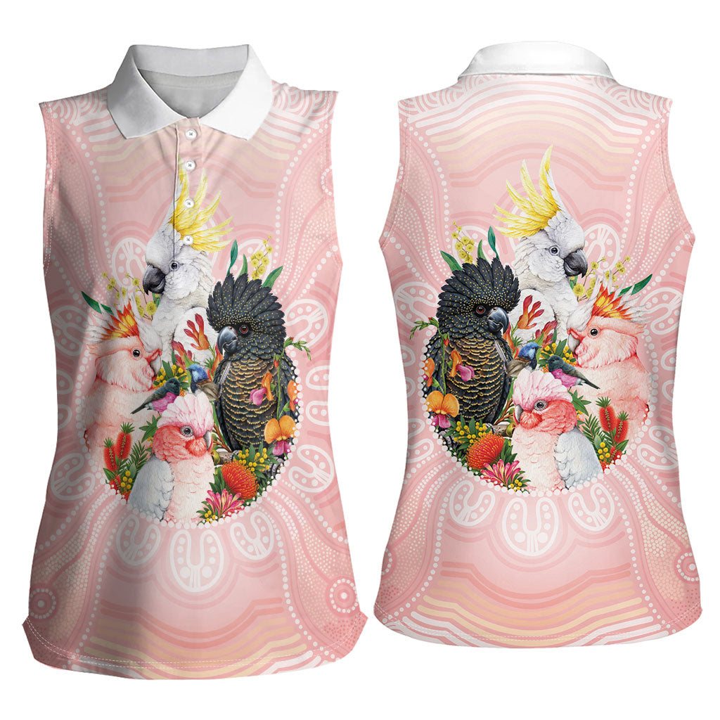 Australian Cockatoos Women Sleeveless Polo Shirt Flora Aboriginal Dot Art Pattern