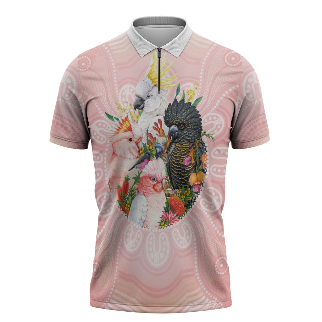 Australian Cockatoos Zipper Polo Shirt Flora Aboriginal Dot Art Pattern