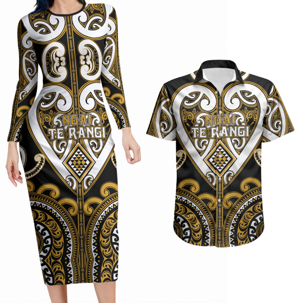 Custom Aotearoa Ngai Te Rangi Couples Matching Long Sleeve Bodycon Dress and Hawaiian Shirt Maori Tribal Pattern