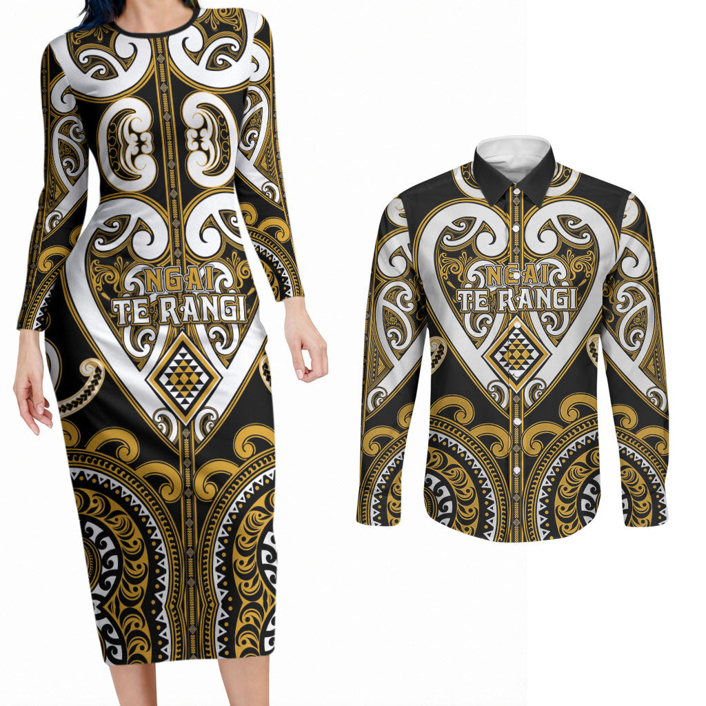 Custom Aotearoa Ngai Te Rangi Couples Matching Long Sleeve Bodycon Dress and Long Sleeve Button Shirt Maori Tribal Pattern