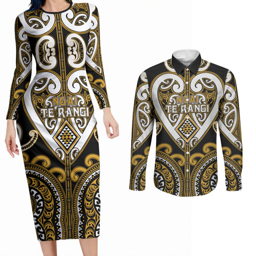 Custom Aotearoa Ngai Te Rangi Couples Matching Long Sleeve Bodycon Dress and Long Sleeve Button Shirt Maori Tribal Pattern