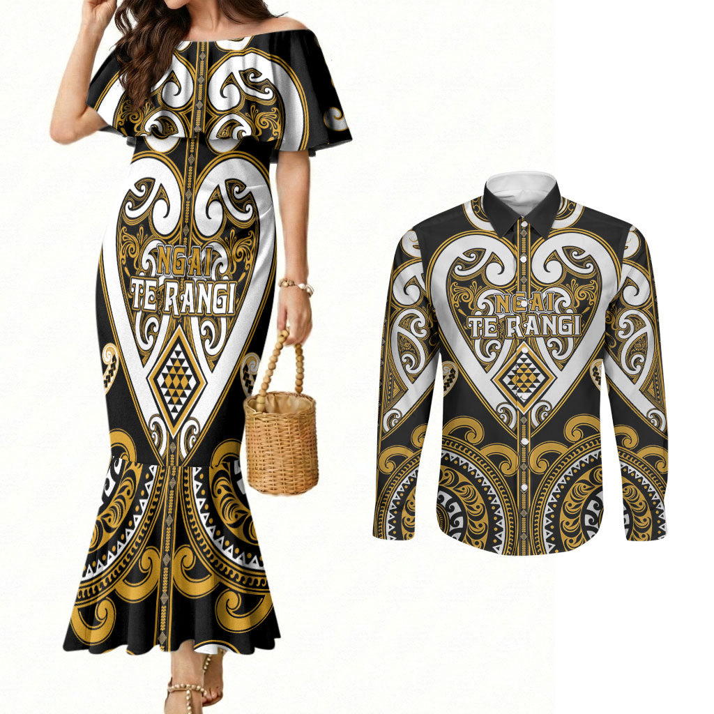 Custom Aotearoa Ngai Te Rangi Couples Matching Mermaid Dress and Long Sleeve Button Shirt Maori Tribal Pattern