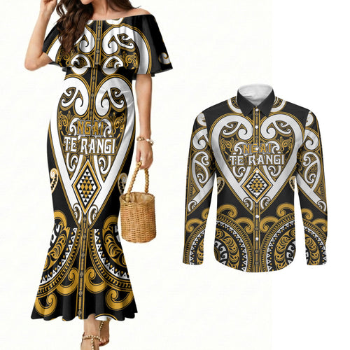Custom Aotearoa Ngai Te Rangi Couples Matching Mermaid Dress and Long Sleeve Button Shirt Maori Tribal Pattern