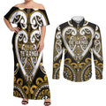 Custom Aotearoa Ngai Te Rangi Couples Matching Off Shoulder Maxi Dress and Long Sleeve Button Shirt Maori Tribal Pattern