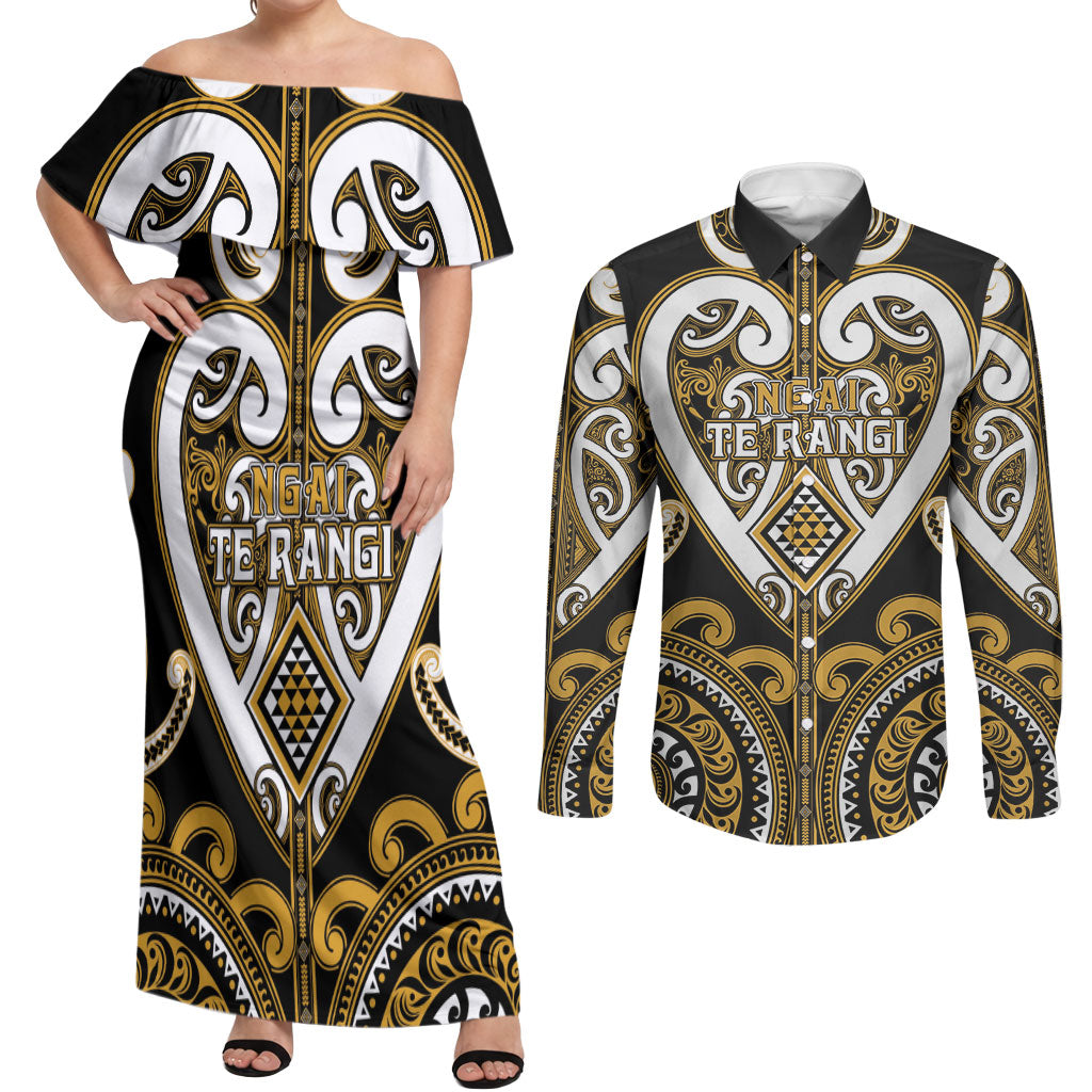Custom Aotearoa Ngai Te Rangi Couples Matching Off Shoulder Maxi Dress and Long Sleeve Button Shirt Maori Tribal Pattern
