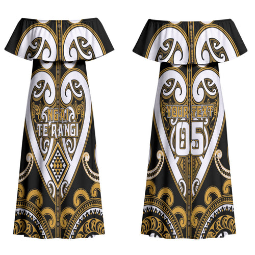 Custom Aotearoa Ngai Te Rangi Couples Matching Off Shoulder Maxi Dress and Long Sleeve Button Shirt Maori Tribal Pattern