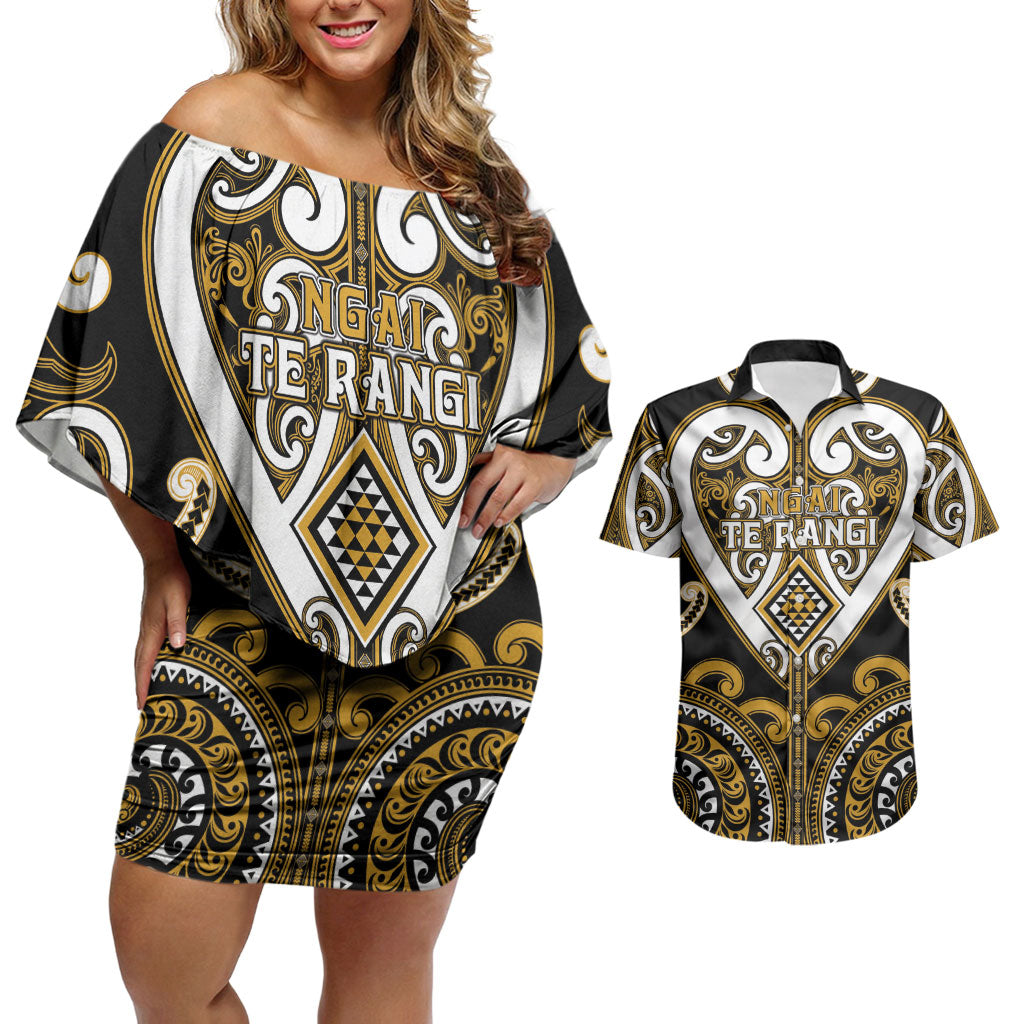 Custom Aotearoa Ngai Te Rangi Couples Matching Off Shoulder Short Dress and Hawaiian Shirt Maori Tribal Pattern