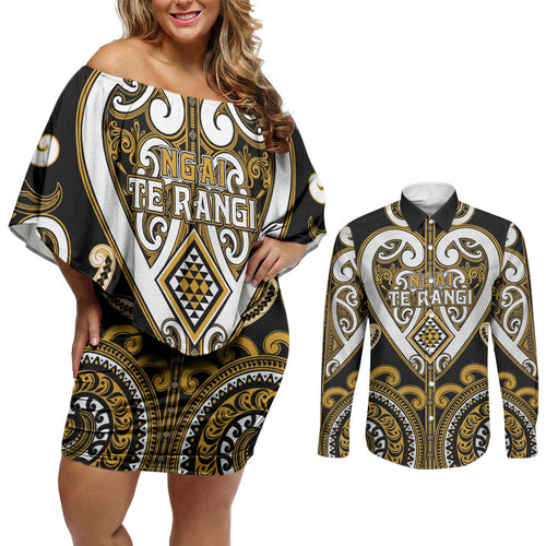 Custom Aotearoa Ngai Te Rangi Couples Matching Off Shoulder Short Dress and Long Sleeve Button Shirt Maori Tribal Pattern