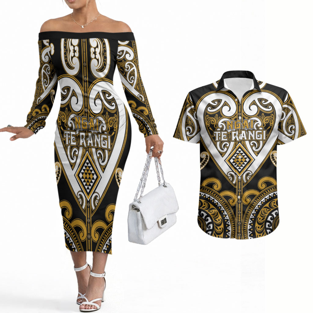 Custom Aotearoa Ngai Te Rangi Couples Matching Off The Shoulder Long Sleeve Dress and Hawaiian Shirt Maori Tribal Pattern