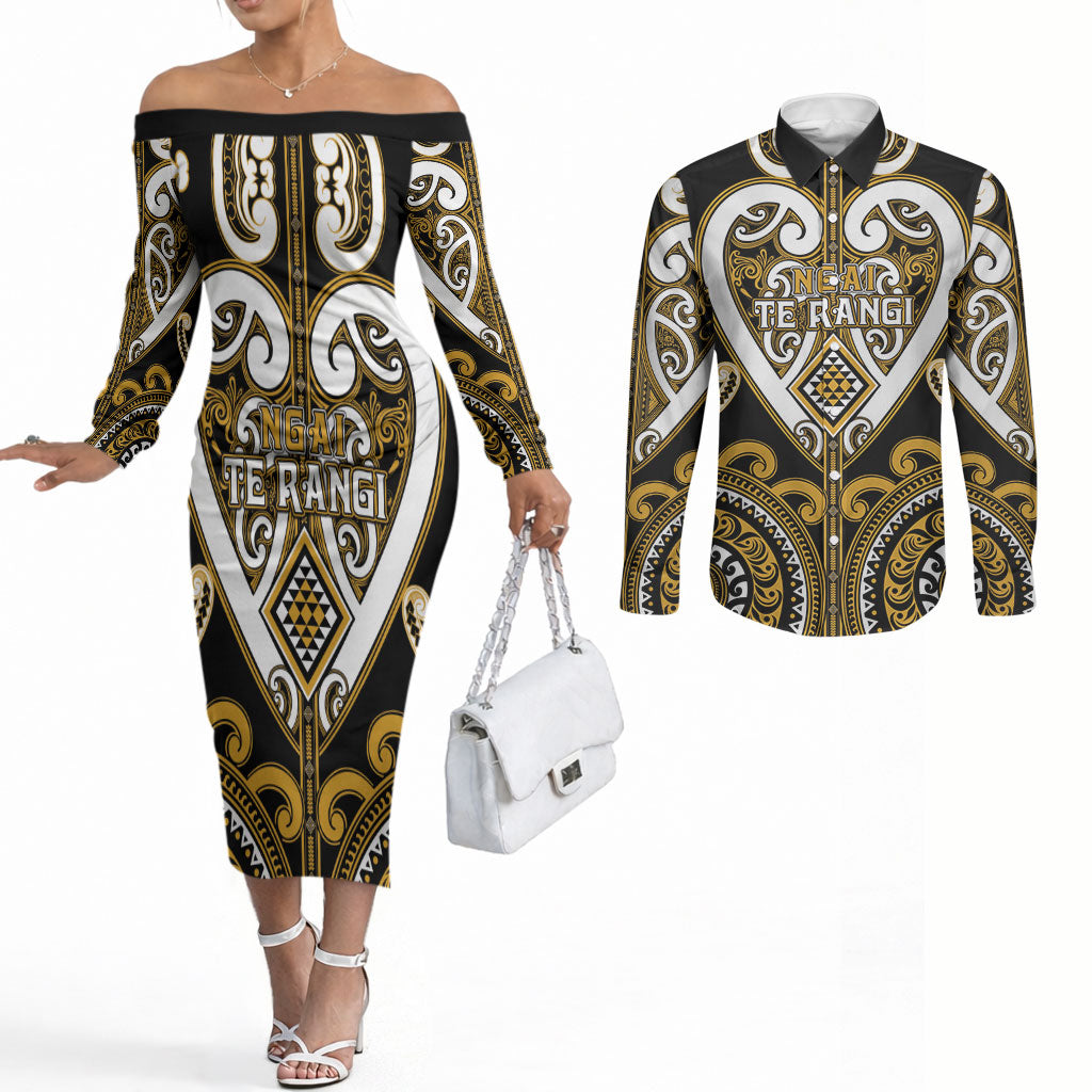 Custom Aotearoa Ngai Te Rangi Couples Matching Off The Shoulder Long Sleeve Dress and Long Sleeve Button Shirt Maori Tribal Pattern