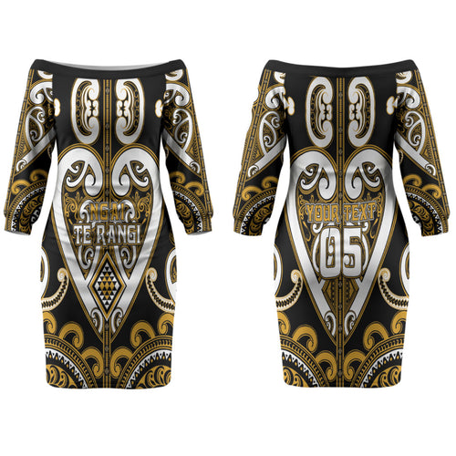 Custom Aotearoa Ngai Te Rangi Couples Matching Off The Shoulder Long Sleeve Dress and Long Sleeve Button Shirt Maori Tribal Pattern