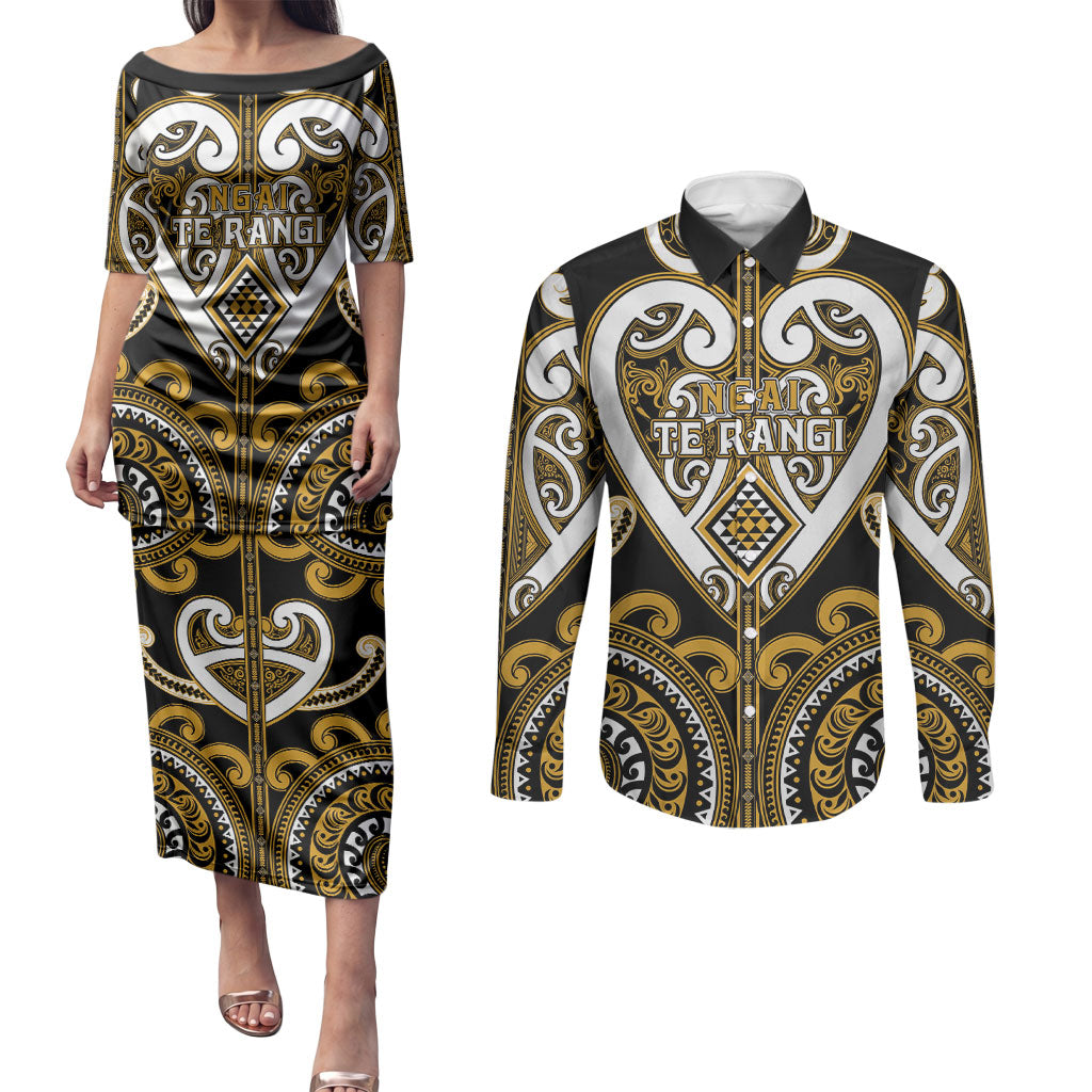 Custom Aotearoa Ngai Te Rangi Couples Matching Puletasi and Long Sleeve Button Shirt Maori Tribal Pattern