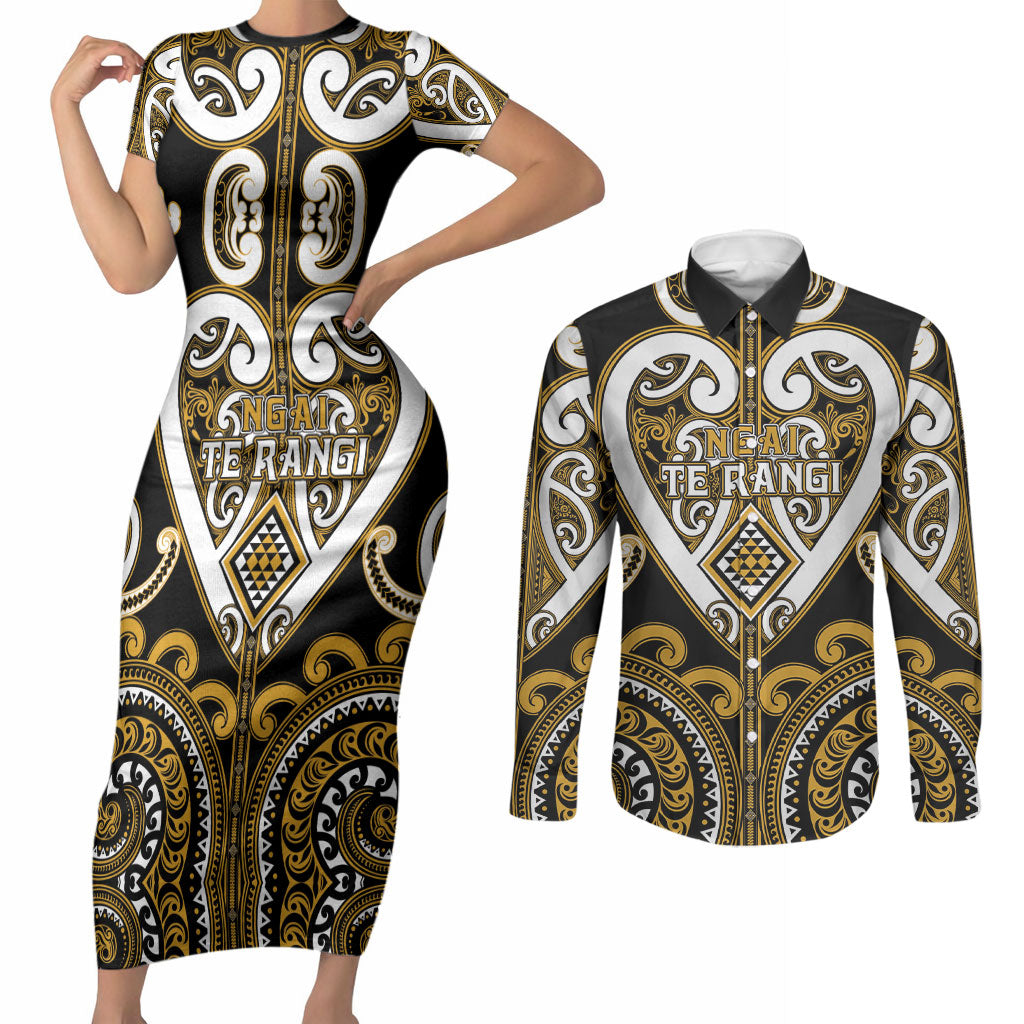 Custom Aotearoa Ngai Te Rangi Couples Matching Short Sleeve Bodycon Dress and Long Sleeve Button Shirt Maori Tribal Pattern